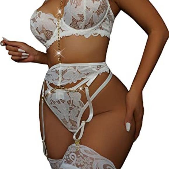WDIRARA Women's 3 Piece Floral Lace Lingerie Set Strappy Mesh Underwire - Picture 1 of 5